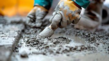 Close-up of concrete pouring work in construction work photo
