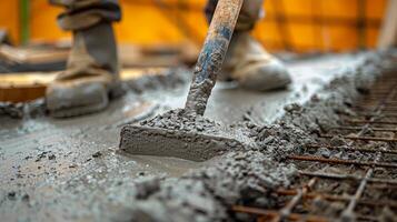 Close-up of concrete pouring work in construction work photo