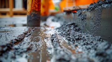 Close-up of concrete pouring work in construction work photo