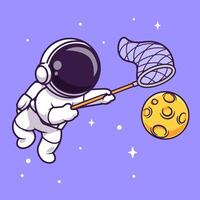 Cute Astronaut Catching Moon With Fish Net Cartoon vector