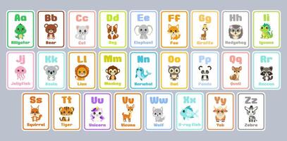 A collection of alphabet cards featuring animals. The cards are arranged in alphabetical order, with each letter having a different animal. The animals include a bear, cat, dog, giraffe vector