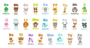 A bunch of animals are shown in alphabetical order. The animals include a bear, a cat, a dog, a fish, a frog, a giraffe, a kangaroo, a koala, a lion, a monkey vector