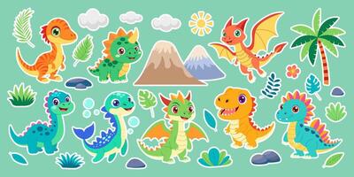 A collection of cartoon dinosaurs, including a dragon, are shown in a lush green jungle. The scene is lively and playful, with the dinosaurs interacting with each other and their environment vector
