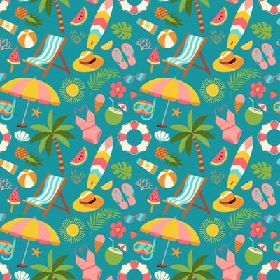 A colorful beach scene with a variety of items such as chairs, umbrellas, and sunglasses