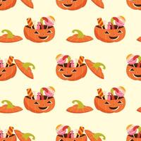 pumpkin with sweets background. Treats and pumpkin seamless pattern on light background vector