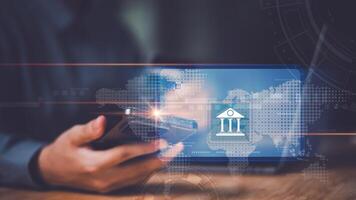 Bank finance business connection concept ,Money and Investment Management ,payment security ,internet transaction network information technology ,Using online banking on application ,online payment photo