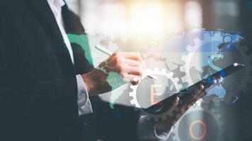 entrepreneur showing SEO concept ,optimization analysis tools , search engine rankings ,social media sites based on results analysis data ,Website Search Optimization ,nteresting web rankings photo