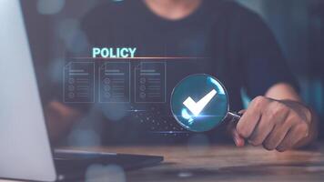 Accountant showing office document auditing concept ,checkboxes Concepts of practices and policies ,company articles of association Terms and Conditions,plan review process and assess correctness photo