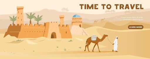 Time to travel horizontal banner with ancient arabian castle, beduin with camel and desert landscape at the background. vector