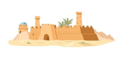 Mudbrick ancient castle in the desert flat illustration isolated on white. vector