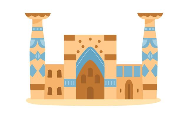 Arabian castle wall with gates and towers. Middle eastern architecture element. Ancient gates. Flat illustration isolated on white.