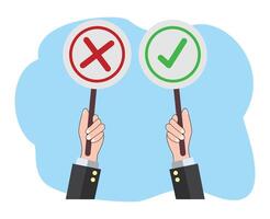 man hand hold signboard right and wrong symbol or vote and polling illustration vector