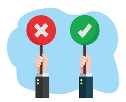 hands hold signboard icon right and wrong feedback yes or no sign or illustration of vote and polling vector