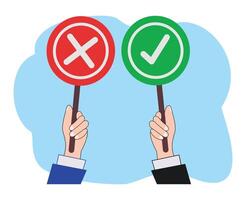 hands holding cross checkmark wrong and right symbol or vote and polling illustration vector
