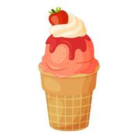 Strawberry ice cream with whipped cream and strawberries in waffle cup. Ripe berry Cool refreshing dessert Hand drawn flat style isolated cheerful and summery appearance illustration vector