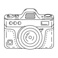 Digital photo camera line art. Photography camera Hand drawn doodle style coloring page. Vintage camera device. Flash and lens visible illustration vector
