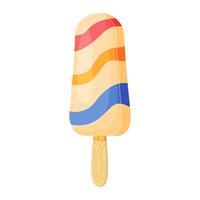 Ice cream on stick. Colorful cold summer dessert with wavy stripes. Frozen juice on stick, fruity popsicle. Hand drawn flat style isolated, cheerful and summery appearance illustration vector