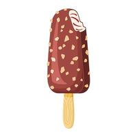 Bitten Chocolate with nuts ice cream on a stick. Delicious dessert Cool refreshing dessert. Hand drawn flat style isolated summery appearance, whipped frozen chocolate cream illustration vector