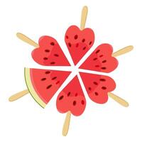 Ripe red cut segmented watermelon on wooden stick. top view, heart-shaped pieces Hand drawn flat style organic natural dessert, healthy sweet red juicy Sliced melon summer fruit illustration vector