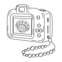 Digital photo camera line art. Photography camera Hand drawn doodle style coloring page. Vintage camera device. Flash and lens visible illustration vector