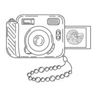 Instant camera device with photo, line art. Photography camera Hand drawn doodle style coloring page. Icon for websites or mobile applications. Flash and lens visible illustration vector