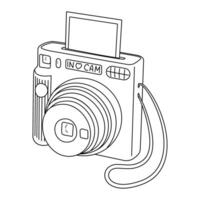 Instant camera device with photo, line art. Photography camera Hand drawn doodle style coloring page. Icon for websites or mobile applications. Flash and lens visible illustration vector