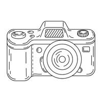 Digital photo camera line art. Photography camera Hand drawn doodle style coloring page. Vintage camera device. Flash and lens visible illustration vector