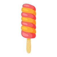 Ice cream on stick. Colorful cold summer dessert with wavy stripes. Frozen juice on stick, fruity popsicle. Hand drawn flat style isolated, cheerful and summery appearance illustration vector