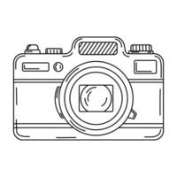 Digital photo camera line art. Photography camera Hand drawn doodle style coloring page. Vintage camera device. Flash and lens visible illustration vector