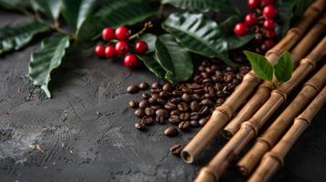 Coffee beans, green leaves, and bamboo sticks on a dark background photo