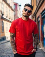 A man wearing a red t-shirt stands in an urban setting photo