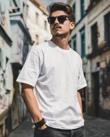 Dark-haired man in sunglasses and white shirt stands confidently in city alley photo