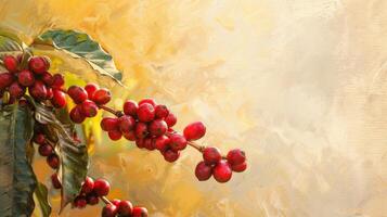 Coffee beans ripen on a branch in the afternoon sun photo