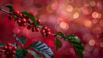 A close-up of a coffee branch with ripe red berries against a red bokeh background photo