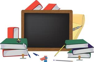 blackboard surrounded by school books and study vector