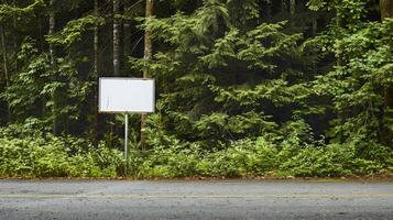 A white signpost stands alone by an empty asphalt road in a lush forest photo