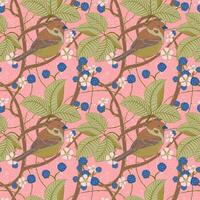 Seamless pattern in the Art Nouveau style for creating textiles, wallpaper. Birds are sitting on the intertwined branches of blackberries. Berries, leaves and flowers on a soft pink background. vector