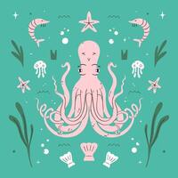 Octopus flat illustration with ocean creatures. Cute cartoon style sea creatures, animals and leaves. Symmetrical square composition, for print design or web. vector