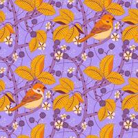Seamless pattern in the Art Nouveau style for creating textiles. An illustration with intertwined blackberry branches and sparrow berries, leaves, flowers and birds on a soft pink background. . vector
