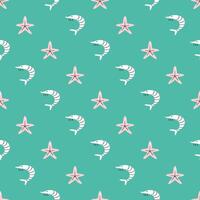 Shrimps and starfish seamless pattern flat . Cute cartoon style sea and ocean creature, animal. Symmetrical square composition, for print design, wallpaper, wrapping paper or web. vector