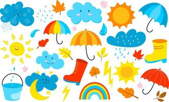 Set of cool autumn elements in simple flat style with bright colors. Cool stickers with weather phenomena, leaves, rain, sun, clouds, umbrella, rubber boots, etc. Isolated illustration vector