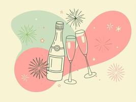 Two glasses of champagne clink against a background of fireworks and splashes of color. Festive illustration in retro minimalist style for New Year, birthday, ideal for a postcard vector