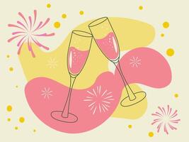Two glasses of champagne clink against a background of fireworks and splashes of color. Festive illustration in retro minimalist style for New Year, birthday, ideal for a postcard vector