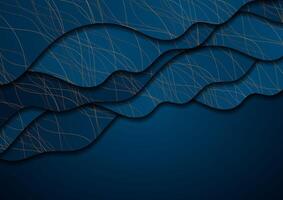 Blue waves and golden curved lines abstract background vector