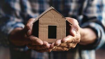 Close-up of hands holding a small cardboard house photo