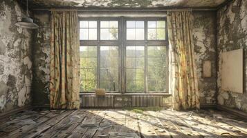 A sunlit room with peeling paint and a large window photo