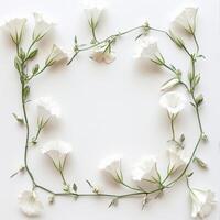 White flowers arranged in a simple frame on a white background photo