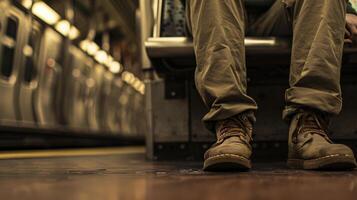 Close-up of feet wearing brown boots on a subway platform photo