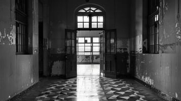 A black and white photo of an abandoned buildings hallway