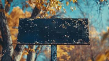 A weathered signpost stands tall in a field of autumn leaves photo